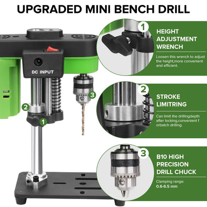 Mini Bench Drill Press,Small Benchtop Drill Press,Two Power Supply Modes,High Precison Low Noise,Compact Benchtop Drilling Machine, DIY Jewelry Making, Metal Wood Working