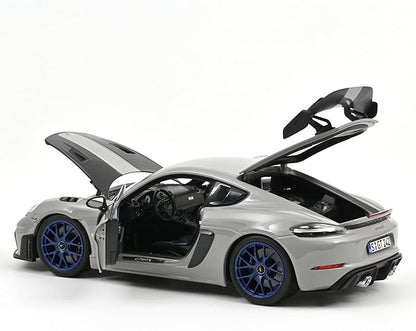 Norev 187253 2023 Porsche Cayman GT4 RS Weissach Pack Chalk Gray with Carbon Hood Stripes 1-18 Scale Diecast Model Car