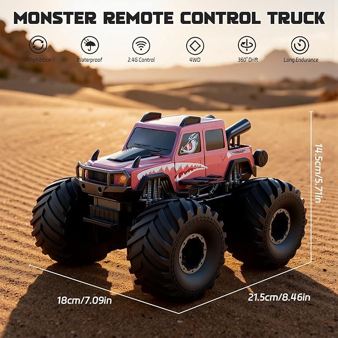 Amphibious Remote Control Trucks2.4G 1:18 4WD All Terrain Off-Road Waterproof Monster RC Cars Pool Toys Hobby RC Vehicle Christmas Birthday Gifts for Kids Boys Girls 8 9 10 11 12+ Pink