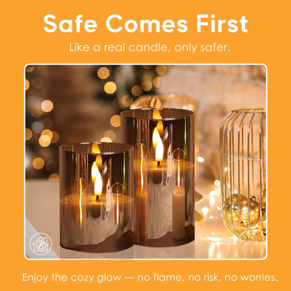 Eywamage Smoke Grey Glass Flameless Pillar Candles with Remote, Flickering LED Battery Candles Table Decor Set of 3