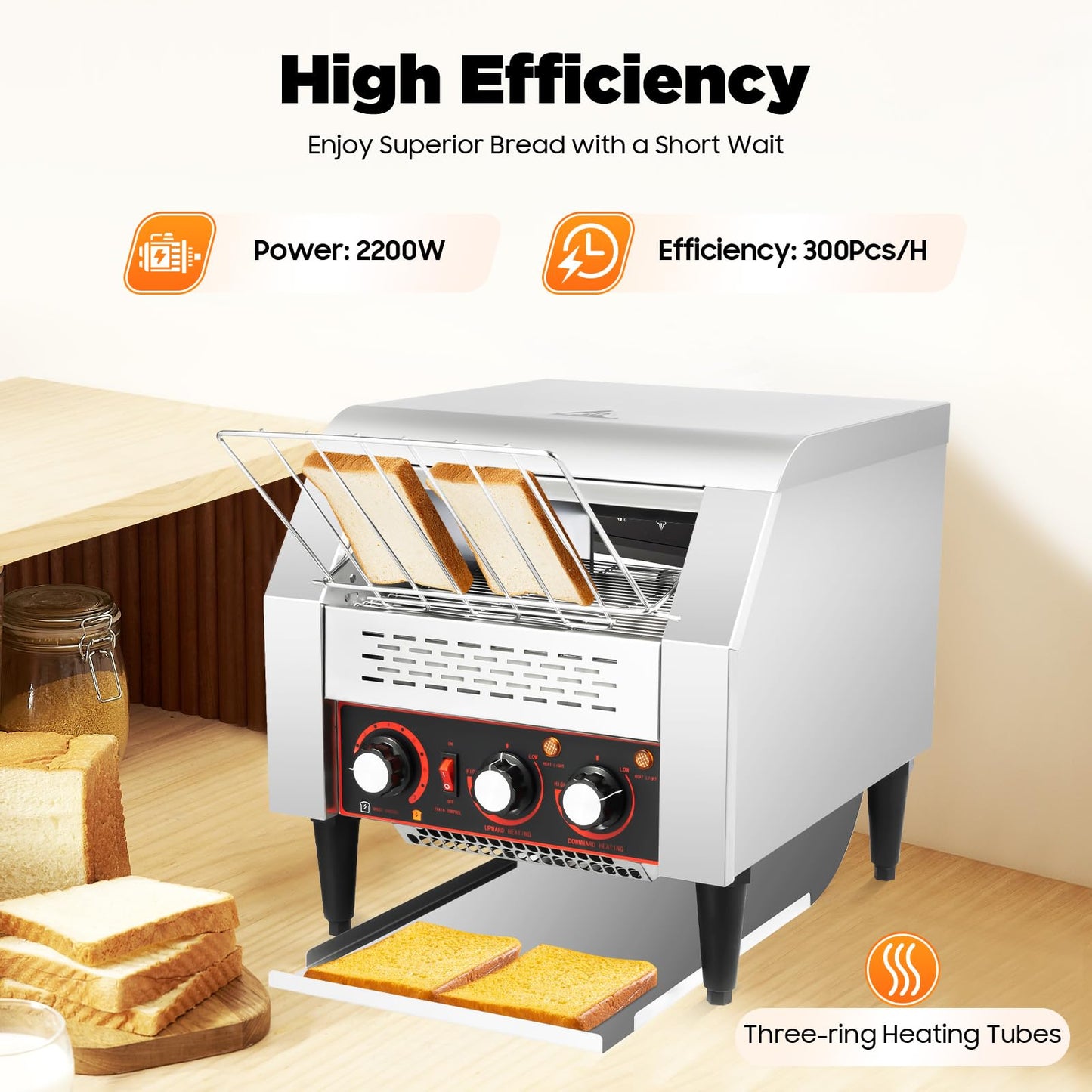 300 Slices/Hour Commercial Conveyor Toaster, 2200W Electric Restaurant Toaster for Toast Bun Bagel Bread, Heavy Duty Stainless Steel Industrial Toaster Oven for Café, Buffet, Bakery