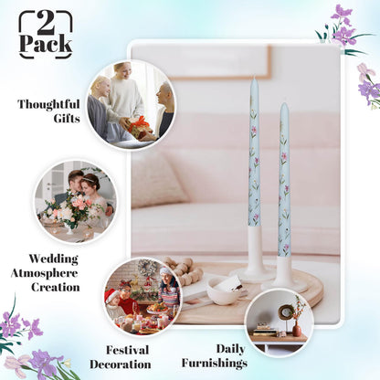 Taper Candles 10 Inch Print Candle Handmade Unscented Light Blue Iris Long Candles 2 Pack Twisted Candlesticks for Wedding Home Decoration Gifts