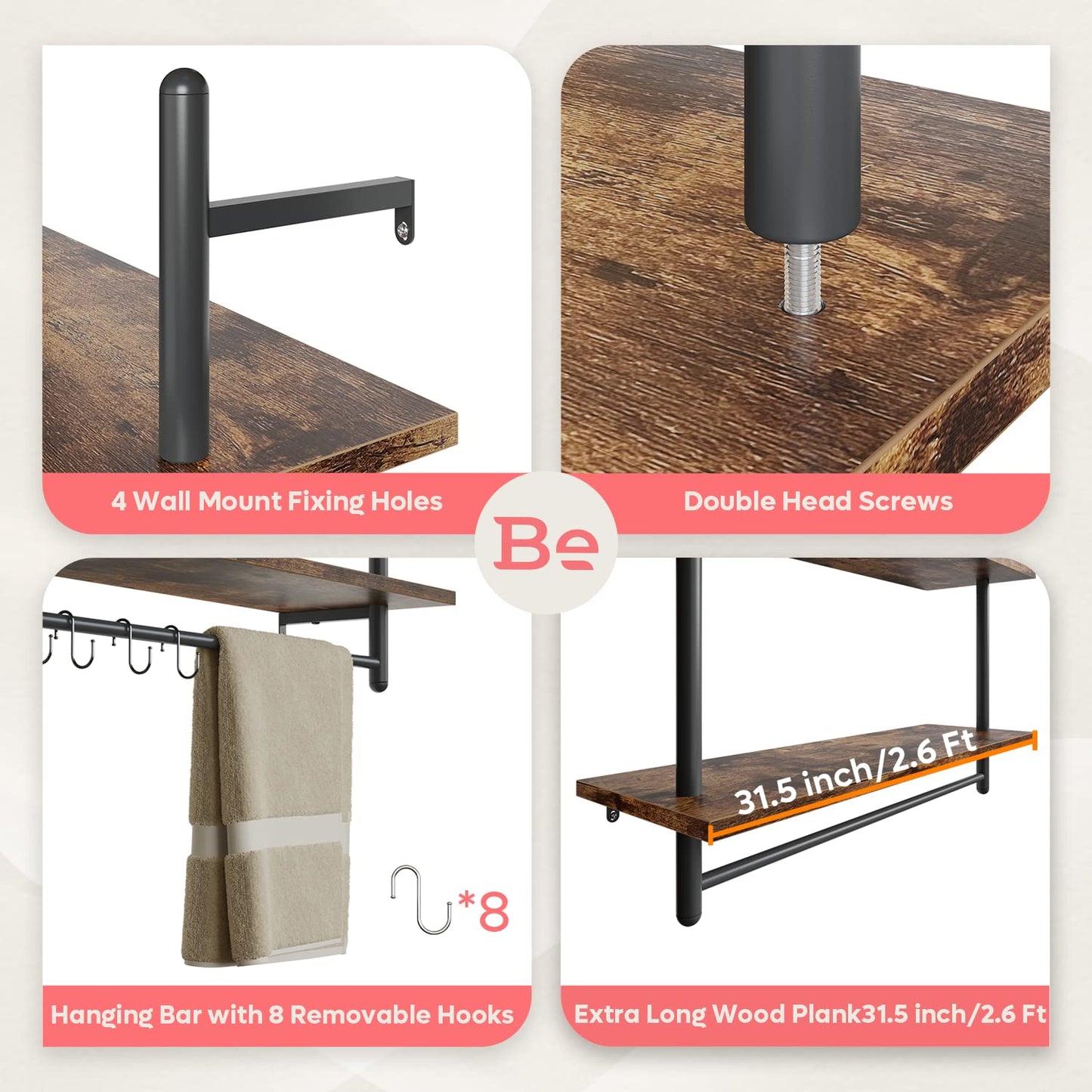 Bestier Floating Pipe Shelving Kitchen Shelves, 31" Wall Mounted Shelf 2 Tier & 3 Tier Bundle, Rustic Brown
