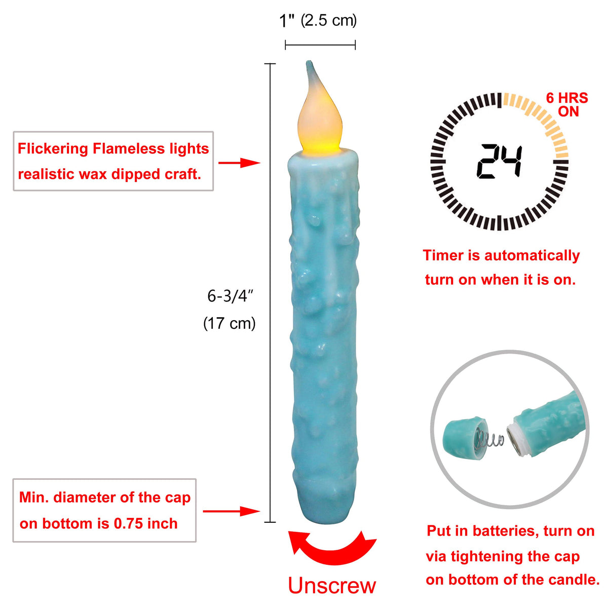 CVHOMEDECO. Real Wax Hand Dipped Battery Operated LED Timer Taper Candles Rustic Primitive Flameless Lights Decor, 6-3/4 Inch, Teal, 2 PCS in a Package