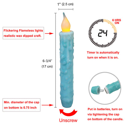 CVHOMEDECO. Real Wax Hand Dipped Battery Operated LED Timer Taper Candles Rustic Primitive Flameless Lights Decor, 6-3/4 Inch, Teal, 6 PCS in a Package