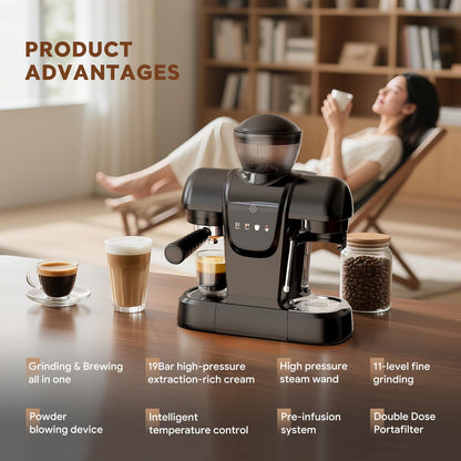 20 Bar Espresso Machine with Grinder & Steam Wand - Semi Automatic Coffee Maker, NTC Intelligent Temp Control, 58mm Stainless Steel Portafilter, One-Touch Panel for Home Barista (Removable Water Tank)