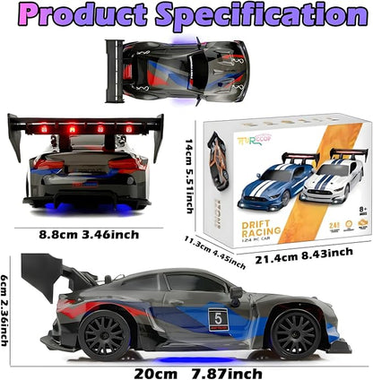 RC Drift Car 2.4GHz 1:24 Scale 4WD 25KM+/H High Speed Model Vehicle with LED Lights Drifting Tire Racing Sport Toy Car for Adults Boys Girls Kids Gift (Black)