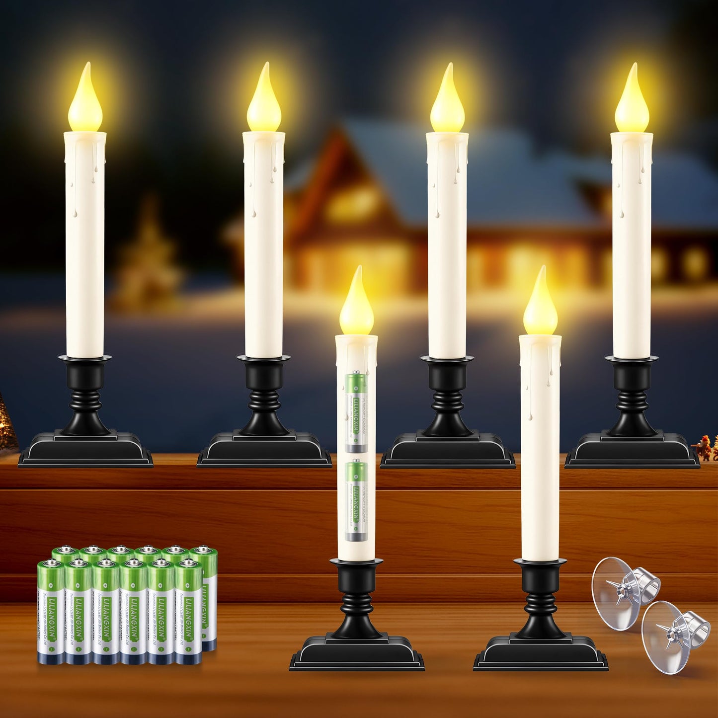 Enhon 6 Pack Battery Operated LED Window Candles, Dusk to Dawn Light Sensor, with Black Holders and Suction Cups, Ivory Christmas Window Candles, Amber Flicker Flame (Batteries AA Included)
