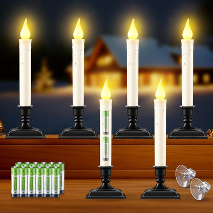 Enhon 6 Pack Battery Operated LED Window Candles, Dusk to Dawn Light Sensor, with Black Holders and Suction Cups, Ivory Christmas Window Candles, Amber Flicker Flame (Batteries AA Included)