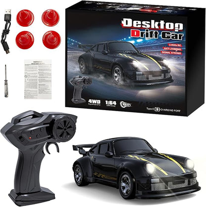 1:64 Scale Mini RC Drift Car 2.4GHz 4WD Full Proportional Model Vehicle with LED Lights Racing Sport Toy for Adults Teens (Black)