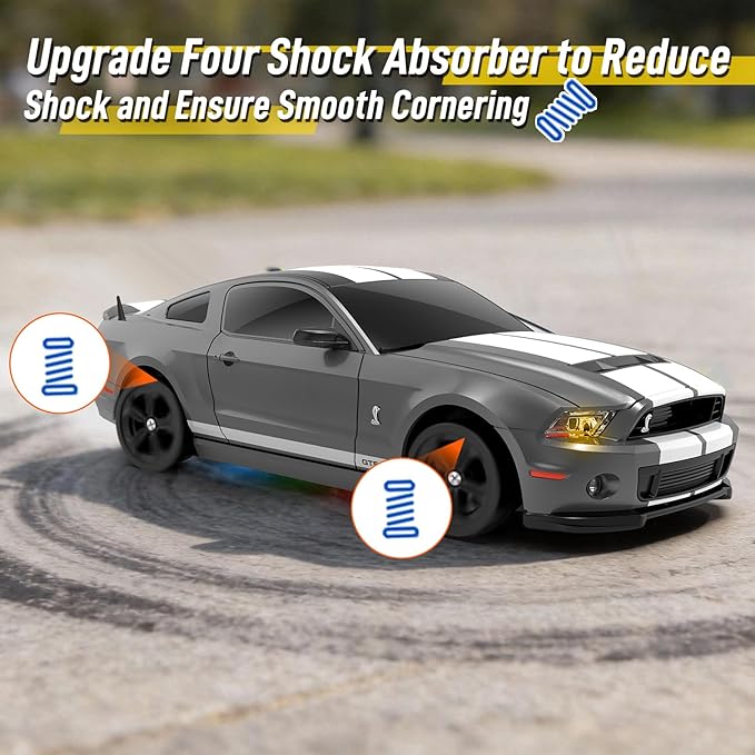 YONCHER RC Drift Car Remote Control Car for Kids Ford Mustang Shelby GT500 Officially Licensed 1:24 20KM/H 4WD with Lights Fast Racing Toy Car for Boys Girls Gray