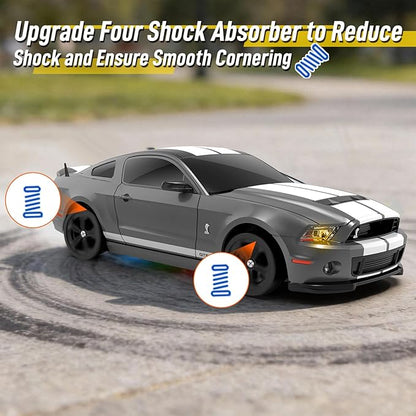 YONCHER RC Drift Car Remote Control Car for Kids Ford Mustang Shelby GT500 Officially Licensed 1:24 20KM/H 4WD with Lights Fast Racing Toy Car for Boys Girls Gray