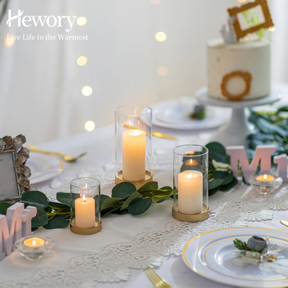Hewory Hurricane Candle Holder for Pillar Candles: Gold Votive Candle Holders Set of 6, Glass Hurricane with Metal Candle Plate, Pillar Candle Holder for Table Centerpiece Wedding Holiday Home Decor