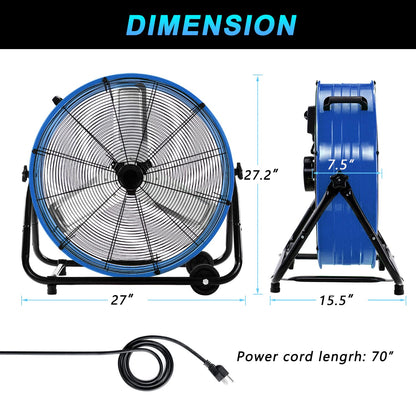 WARMLREC 24" Industrial Floor Fan, 8900 CFM High Velocity Drum Fan with 3 Speeds, Portable Heavy Duty Industrial Fan for Warehouse, Workshop, Factory, Commercial, Residential and Greenhouse Blue
