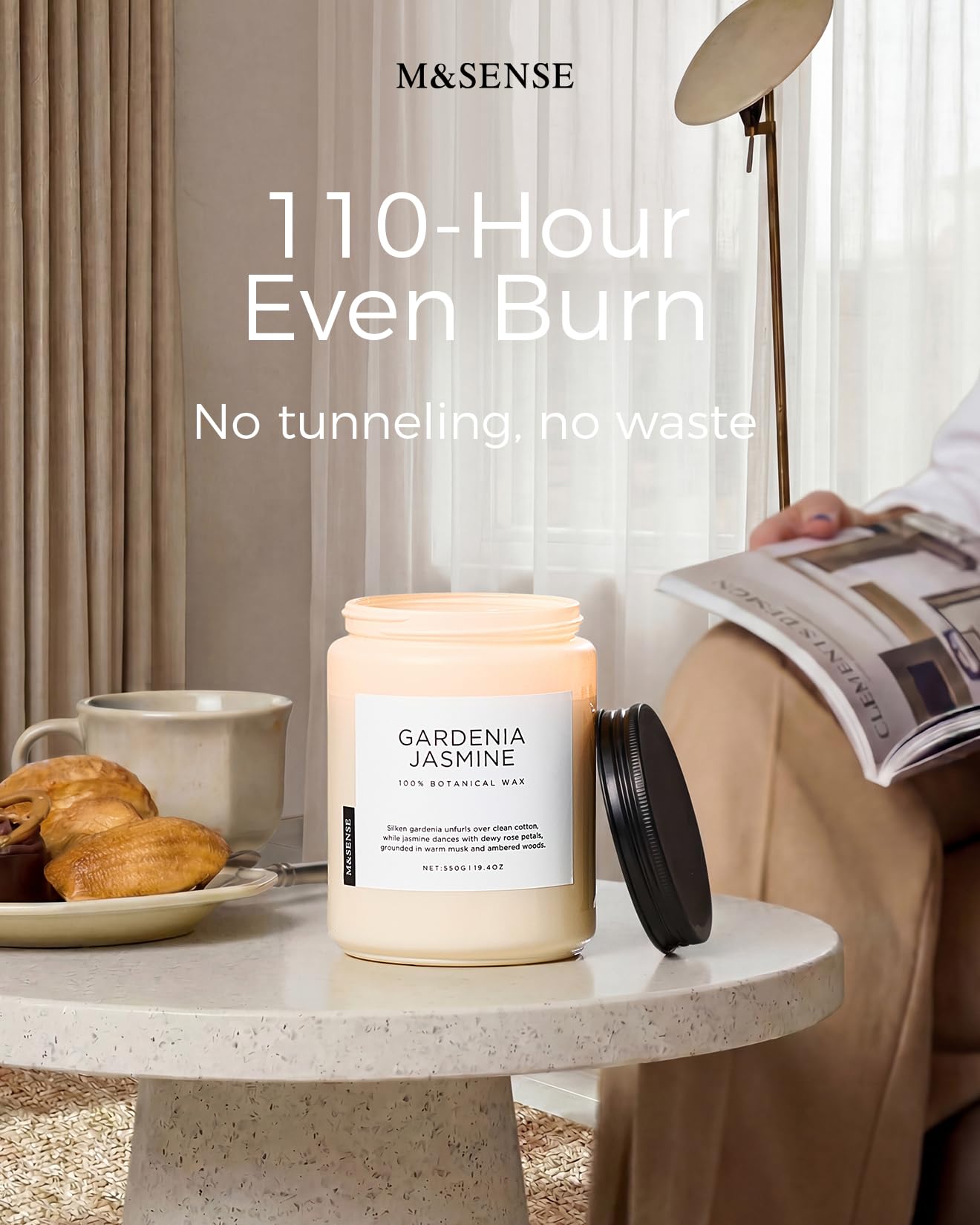 M&SENSE Large Gardenia Jasmine Scented Candles, 19.4oz Natural Soy Wax, 110 Hours Long Lasting Slow Burning, Non Toxic Clean Burn, Spring Floral Scent Aromatherapy Candle for Her