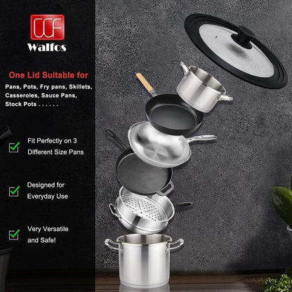 Universal Lid for Pots, Pans and Skillets & Frying Pan - Small Pan lids Fits 6.5", 7" and 8" Diameter Cookware - Tempered Glass with Heat Resistant Silicone Rim