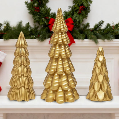 Warmtree Gold Christmas Tree Figurines Set - 3 Small Resin Tabletop Decorations for Festive Home Decor