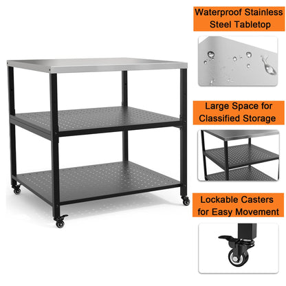 Mimiuo 31.5" Square Pizza Oven Stand – Heavy Duty Stainless Steel Table for Ooni, Blackstone, Ninja, Outdoor BBQ Cart with 3 Adjustable Shelves, Locking Wheels, Propane Tank Compatible 31.5x31.5x33 in