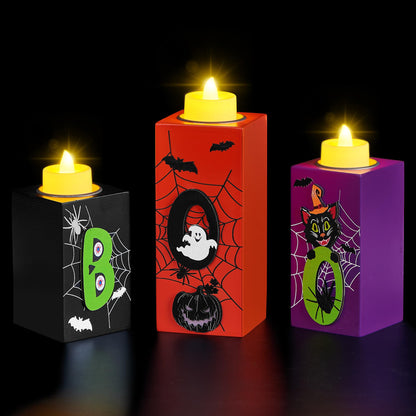 BlcTec Halloween Decorations, 3 PCS Halloween Wood Candle Holders with LED Tea Lights & 3D Carving Craft, Wood Candle Centerpieces for Home, Table, Office, Tiered Tray, Décor, Black Orange Purple