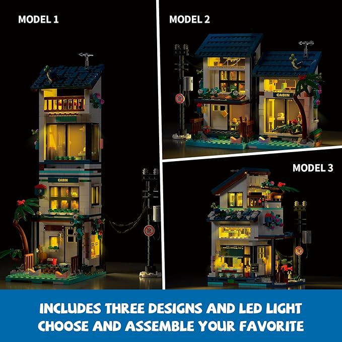 3 in 1 Beach House Building Set Compatible with Lego Friends Seaside Villa Construction Educational Toy with Light Birthday Gift for Kids Girls Aged 8-12 (813 PCS)