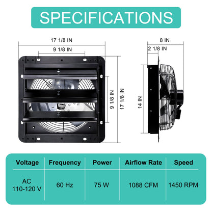 Hipoilk 14 Inch Shutter Exhaust Fan for Greenhouse, Shed, Garage, Barn, Chicken Coop Ventilation, 1088 CFM High Power Wall Mount Attic Fan with Speed Controller and Power Cord, Black