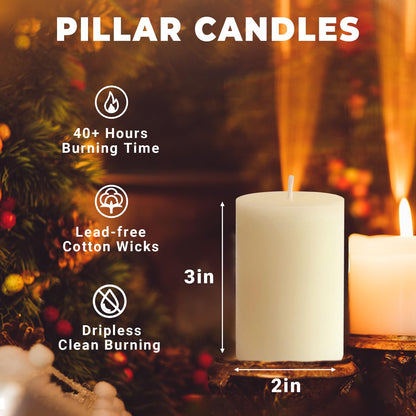 6 Pack 2x3 inch Pillar Candles, Ivory Unscented Votive Candle for Celebration Home Decoration, Dripless and Long Burning Time