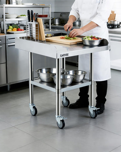 24 x 36 x 26 Inch Stainless Steel Work Table with Wheels, 3-Sided Backsplash and Adjustable Undershelf, Heavy Duty Commercial Prep Worktable for Kitchen, Restaurant, Garage