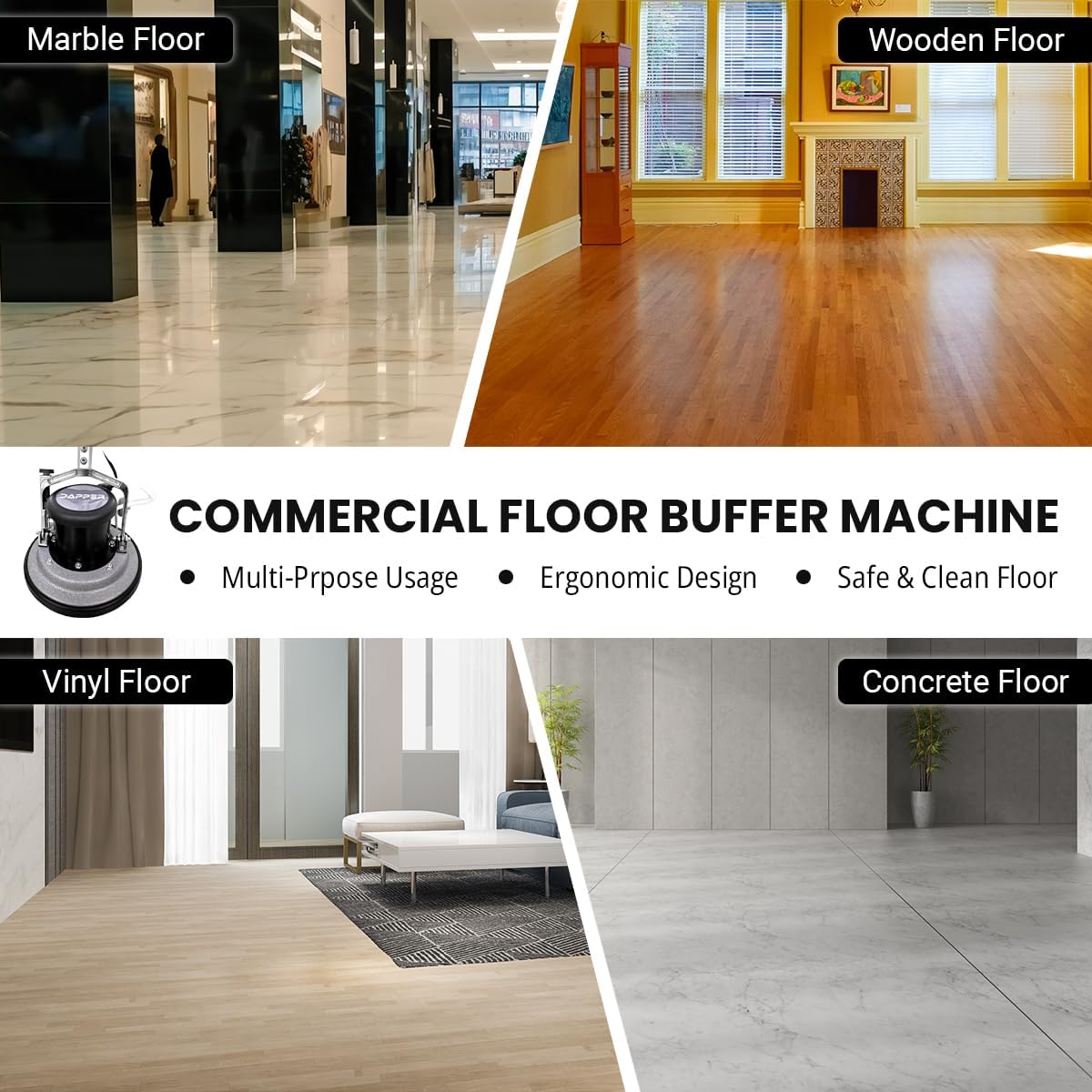 13" Heavy-duty Multi-Functional Floor Buffer Polisher Machine - Clean, Buff, Scrubb and Polish with Ease! Ideal for Carpets Too! Includes Optional Solution Tank, 2 Brushes and 3 Scouring Pads