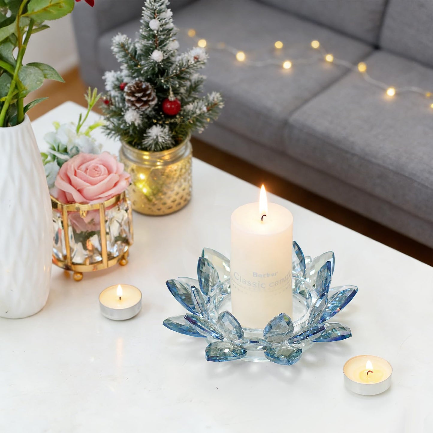Kolnlala Large Crystal Lotus Tealight Candle Holder for Up to 6" Diameter Pillar Candlestick, Chunky Glass Votive Stand for Wedding, Party, Table Centerpiece Decor and Yoga Meditation (1, Blue)