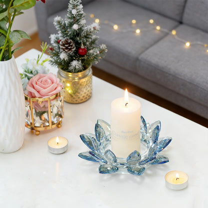 Kolnlala Large Crystal Lotus Tealight Candle Holder for Up to 6" Diameter Pillar Candlestick, Chunky Glass Votive Stand for Wedding, Party, Table Centerpiece Decor and Yoga Meditation (1, Blue)