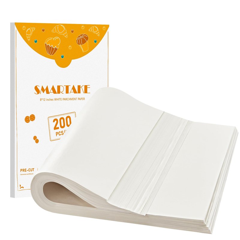 SMARTAKE 200 Pcs Parchment Paper Baking Sheets, 8x12 Inch Non-Stick Precut Baking Parchment, Suitable for Baking Grilling Air Fryer Steaming Bread Cup Cake Cookie and More (White)
