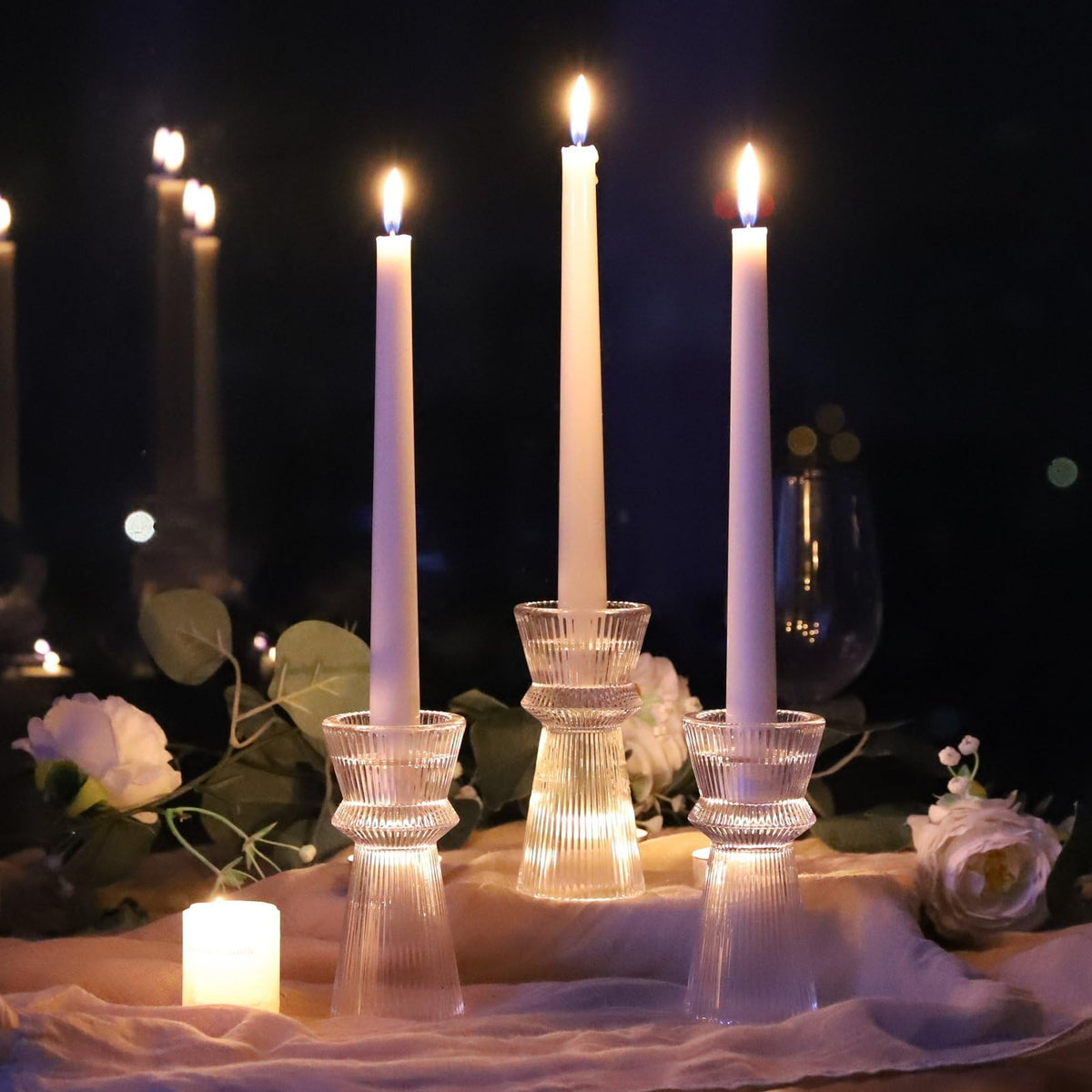 VOHO Clear Ribbed Taper Candle Holders Set of 3, Minimalist Style Glass Candle Holder for Candlesticks and Tealight Candles, Classy Candlestick Holders for Bridal Shower Wedding Decor/Birthday/Holiday
