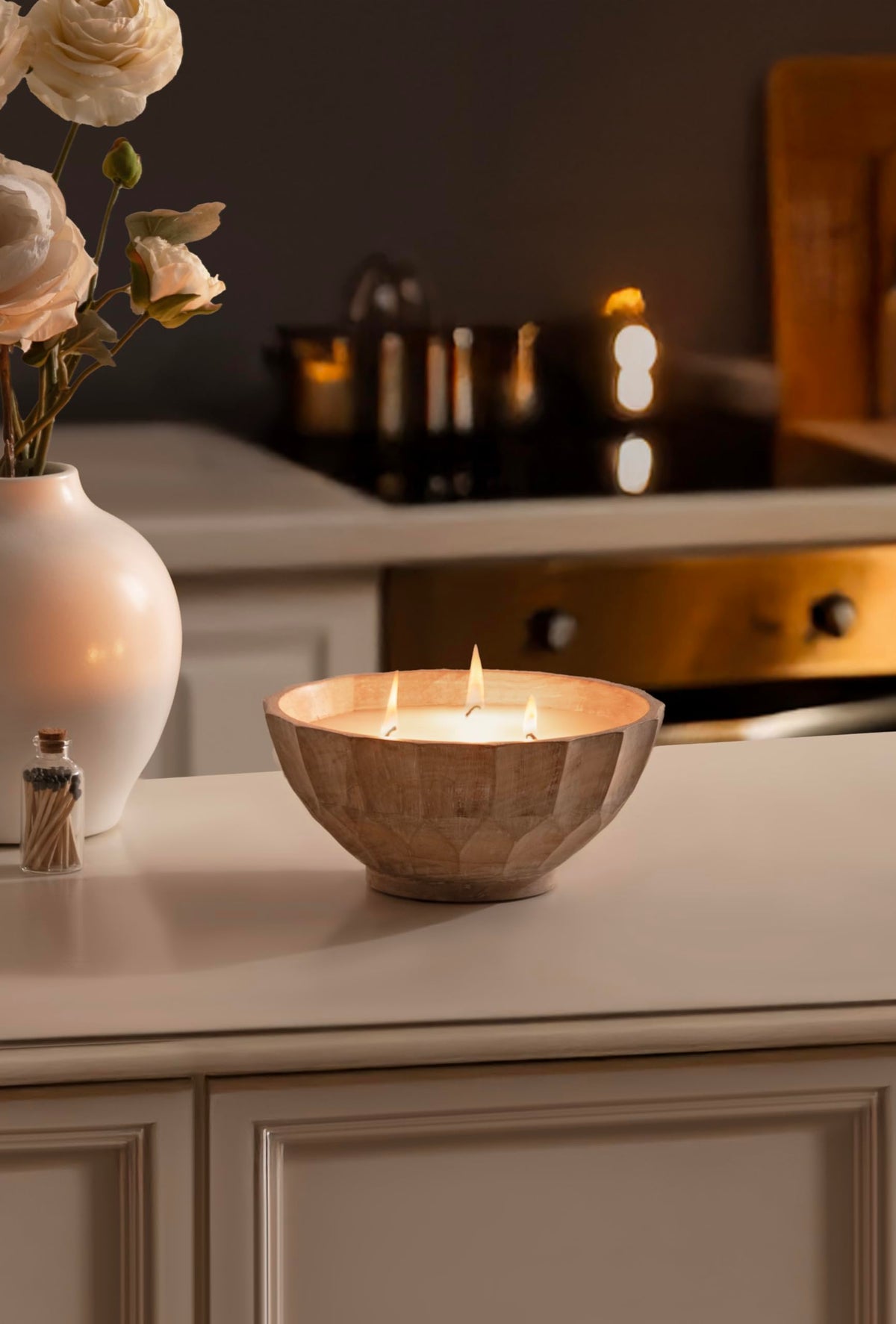 Kate and Laurel Plete Round Pleated Wood Candle Bowl, 8 Inch Diameter, Light Natural, Modern Scalloped Three-Wick Unscented Candle with Decorative Bowl for Living Room Decor