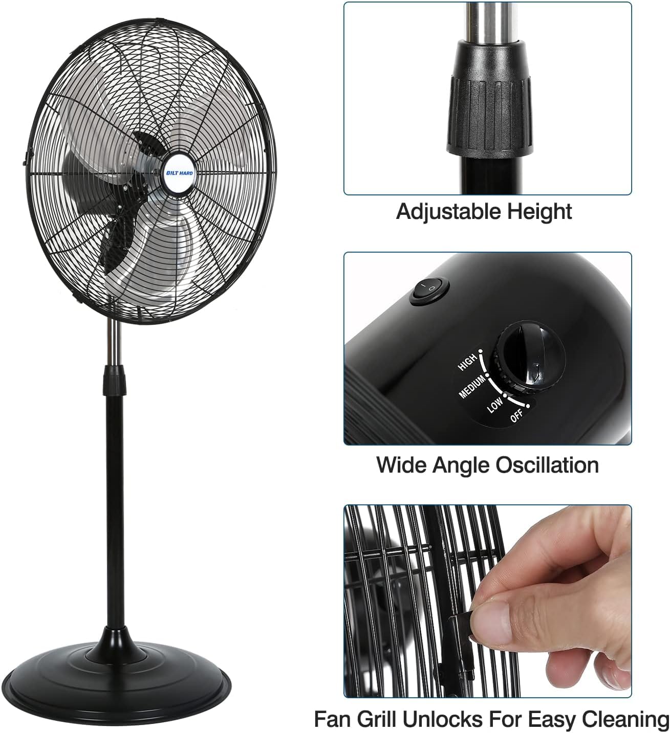 BILT HARD 20" High-Velocity Industrial Pedestal Fan with 3 Speeds, 5200 CFM Oscillating Stand Fan, Heavy Duty Metal Stand Fan for Commercial, Warehouse, Garage Use