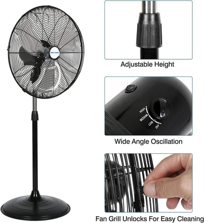 BILT HARD 20" High-Velocity Industrial Pedestal Fan with 3 Speeds, 5200 CFM Oscillating Stand Fan, Heavy Duty Metal Stand Fan for Commercial, Warehouse, Garage Use