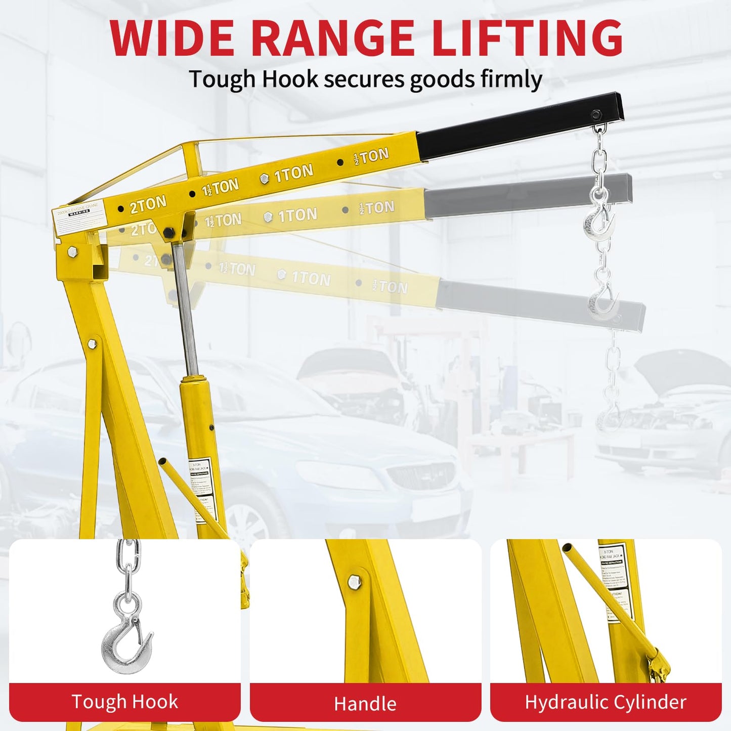 Garvee 2-Ton Folding Engine Hoist Cherry Picker 4400 Lb Capacity Hydraulic Shop Crane with Telescoping Boom 6 Caster Wheels for Automotive Repair Garage Use Includes Hitch and Storage Stand Yellow