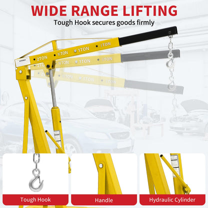 Garvee 2-Ton Folding Engine Hoist Cherry Picker 4400 Lb Capacity Hydraulic Shop Crane with Telescoping Boom 6 Caster Wheels for Automotive Repair Garage Use Includes Hitch and Storage Stand Yellow