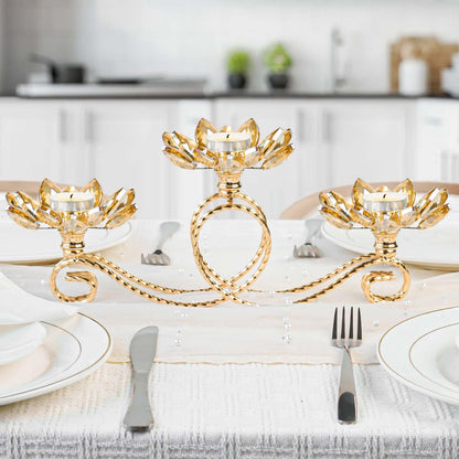 2Pcs Gold Kehail Crystal Metal Tea Light Candle Holder Set, 3-Arm Flower Shaped Crystal Votive Candlestick Holders for Table Centerpiece, Wedding Shower, Party and Home Decor