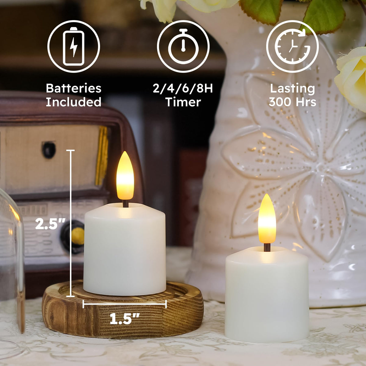 Mavandes Small Flickering Tea Light Flameless Candles with Battery and Remote,1.5" x2.5" Ivory LED 2/4/6/8H Timer Votive Battery Operated Pillar Plastic Long Lasting 6pcs Tealight Candles
