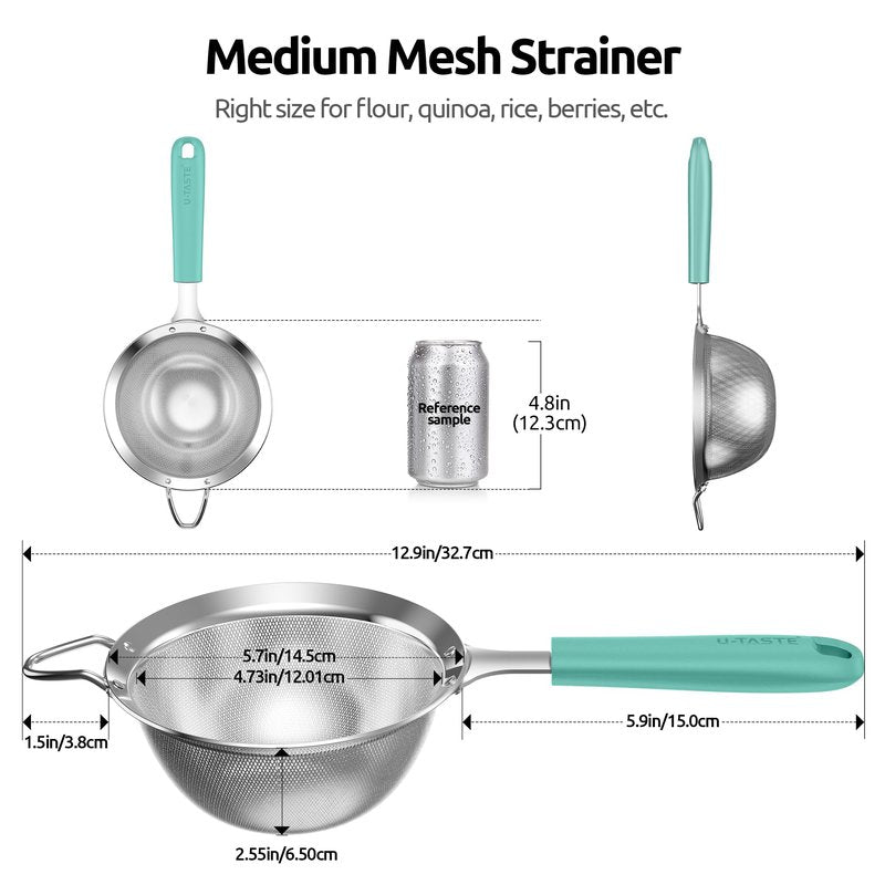 U-Taste Medium Fine Mesh Strainer: 18/8 Stainless Steel 4.73in 30 Mesh Kitchen Food Sieve with Sturdy Riveted Silicone Handle, Heavy Duty Deep Handheld Metal Colander for Rice, Quinoa, Flour(Aqua Sky)