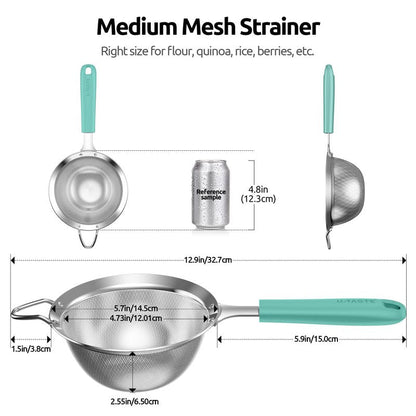 U-Taste Medium Fine Mesh Strainer: 18/8 Stainless Steel 4.73in 30 Mesh Kitchen Food Sieve with Sturdy Riveted Silicone Handle, Heavy Duty Deep Handheld Metal Colander for Rice, Quinoa, Flour(Aqua Sky)
