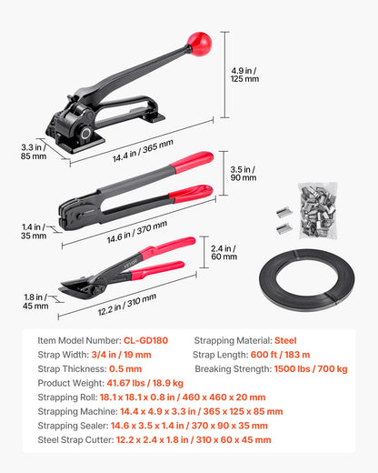 VEVOR Steel Banding Strapping Kit, Heavy Duty Banding Sealer Tool with 600 ft Binding Straps, 300 Metal Seals, Manual Pallet Packaging Strapping Kit for Warehouse, Transportation, Industrial Bundling