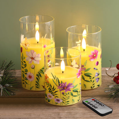 Eywamage Yellow Floral Glass Flameless Candles with Remote, Flickering Spring LED Pillar Candles Battery Operated Home Decor Set of 3