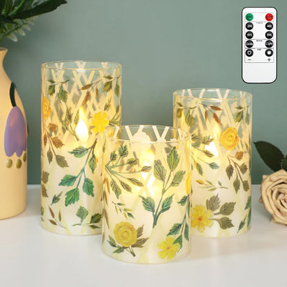 Crystal Club Yellow Floral Flameless Candles with Remote & Timer, 3D Wick Flickering Pillar LED Flameless Candles, Battery Operated for Home Wedding Party Festival Decor, Set of 3