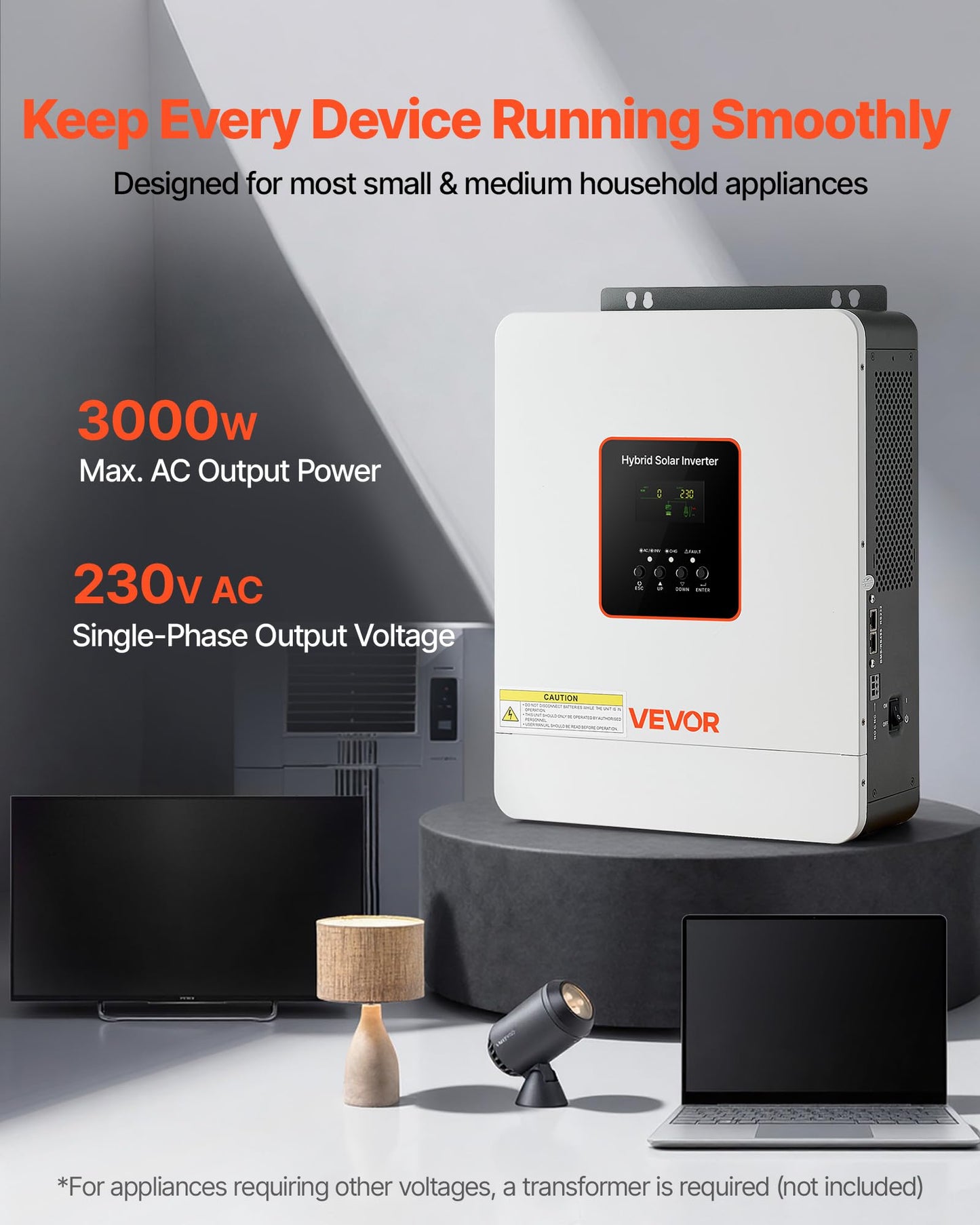 VEVOR 3000W Hybrid Solar Inverter, 24V DC to 230V AC, Pure Sine Wave Power Inverter, Built-in 80A MPPT Solar Charge Controller, Works with Lead Acid Lithium Battery, for Home Camper, Off-Grid, NO WiFi