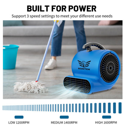 BSMTEK Air Mover Blower Fan, Industrial 1/3HP 1200CFM Monster Floor Blower Carpet Dryers - 3 Speeds Switch, 4 Adjustable Angles, 15FT Long Cord, Stackable - 2026 Upgraded