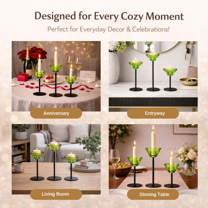 Smytle Emerald‑Green Glass Candlestick Holders, Green Tea Light Candle Holders with Weighted Matte‑Black Metal Base, Botanical Table Decor for Dining, Wedding & Holiday