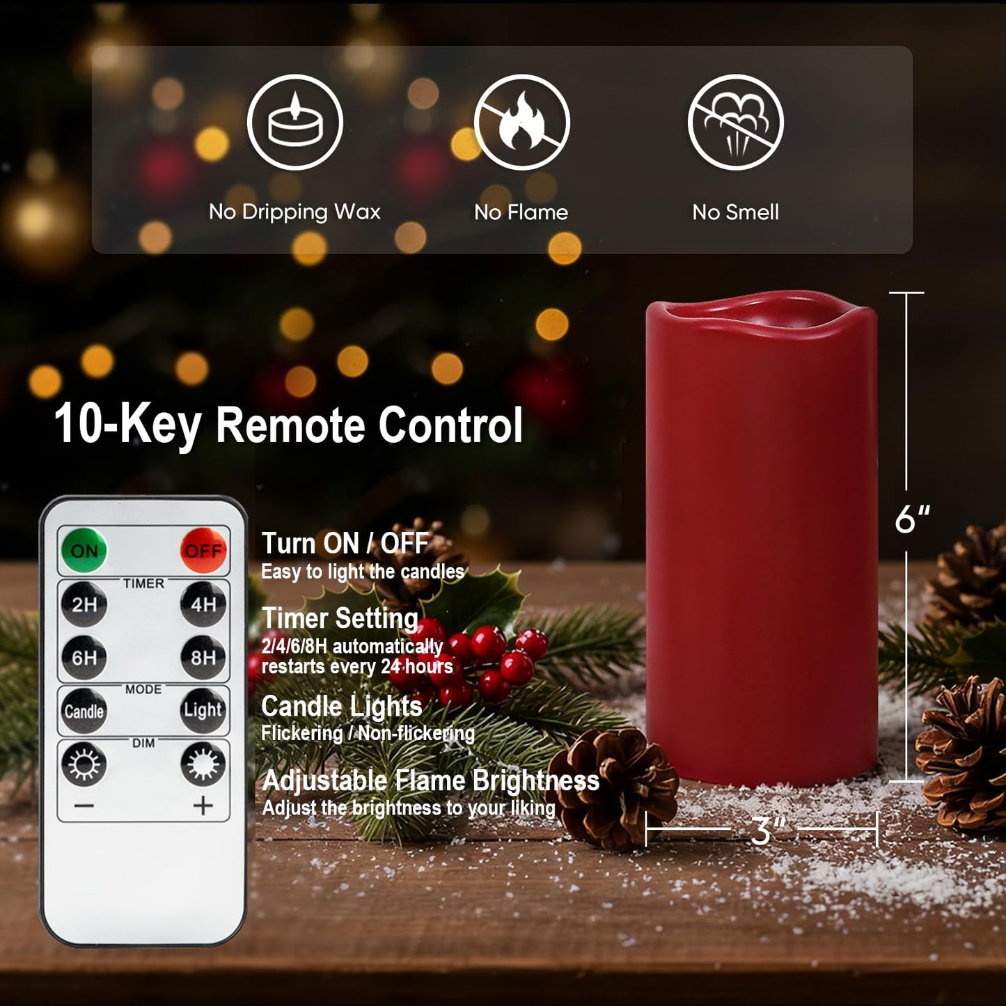Amagic 3"x6" Red Flameless Candles with Remote, Christmas Battery Operated Candles with Timer, Waterproof LED Pillar Candles for Thanksgiving Table, Home, Outdoor Decor, Plastic, Set of 2