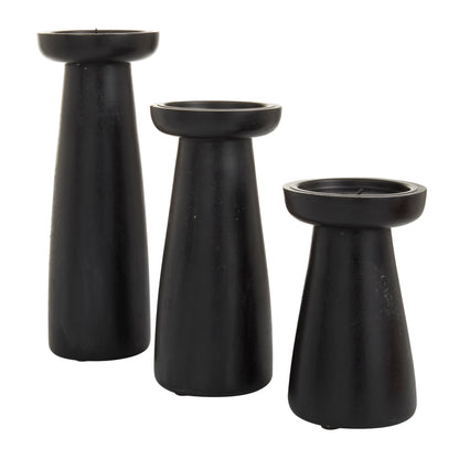 Deco 79 Mango Wood Decorative Candle Holder Pillar Candle Stand, Set of 3 Candlestick Holder 10", 6", 8" H, Black