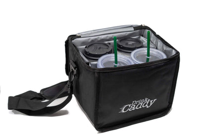 Drink Caddy Insulated Portable Drink Carrier - Reusable Coffee Cup Holder with Shoulder Straps Perfect for Food Delivery and Takeout - Easily Secures 4 Hot or Cold Beverages with Fold Over Closure.